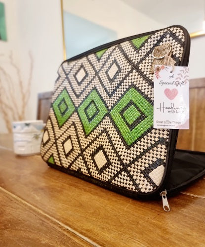 Various angles of the FAB-RIKA Tala Woven Laptop Bag, showcasing its handcrafted quality and versatile design for modern professionals