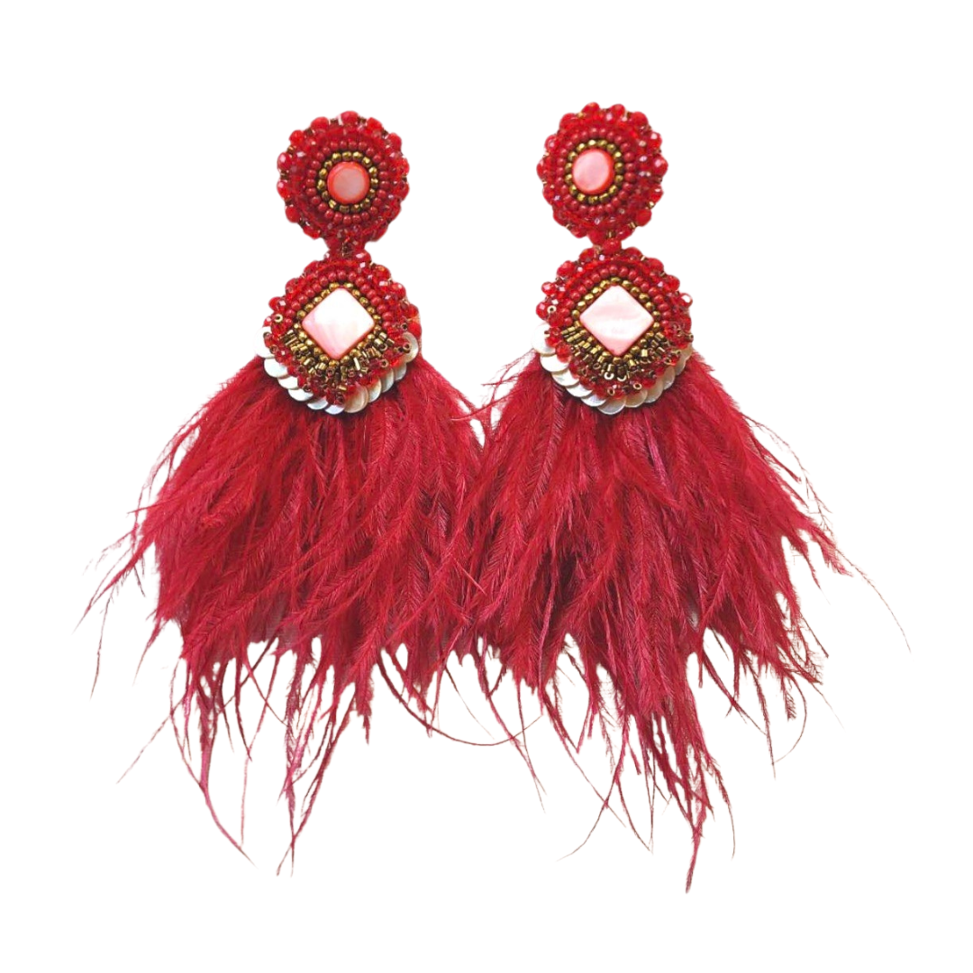 Close-up of FAB-RIKA Handmade Eulalia Beaded Earrings featuring intricate beadwork and luxurious faux fur accents.