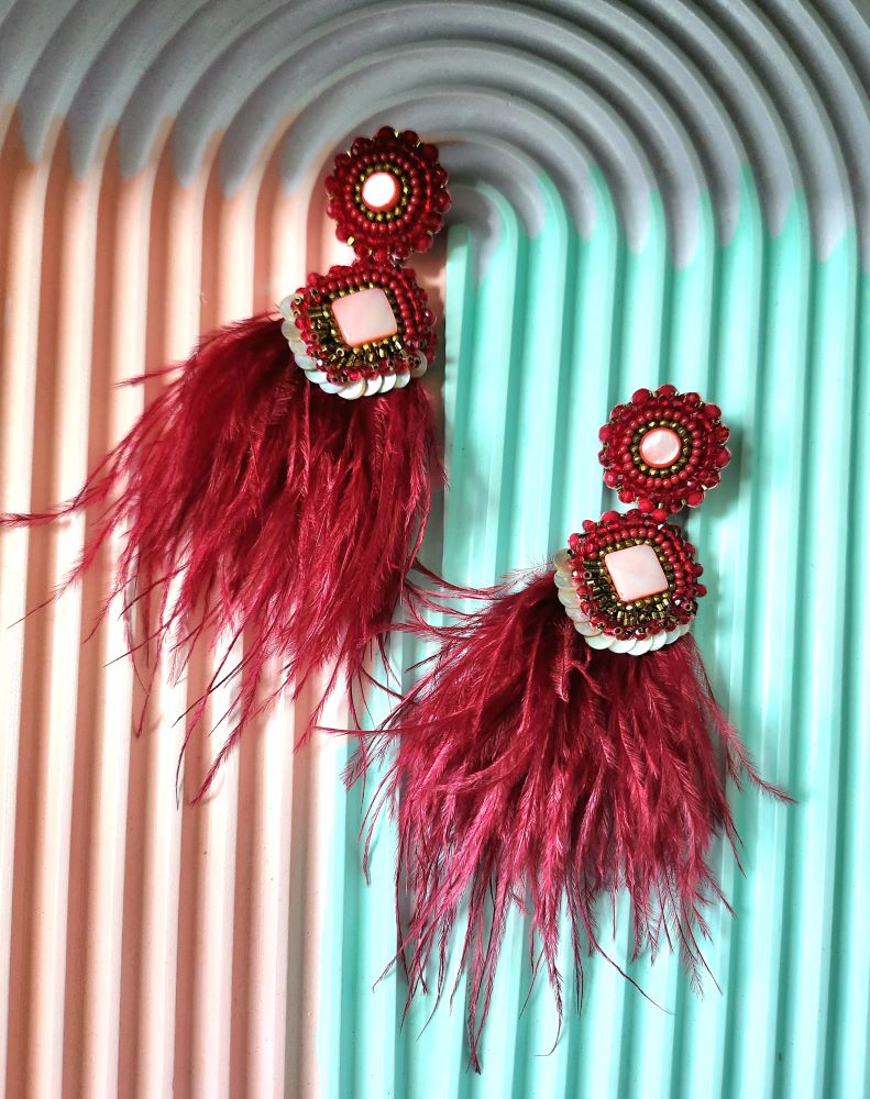 Detailed shot of the premium beads and faux fur accents on the FAB-RIKA Handmade Eulalia Beaded Earrings.