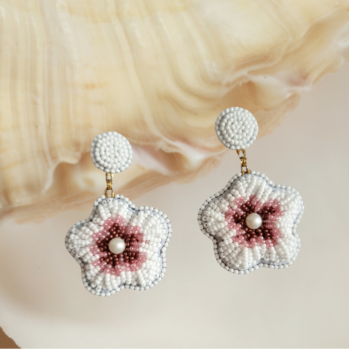 GUMAMELA Handmade Beaded Earrings | White Pink